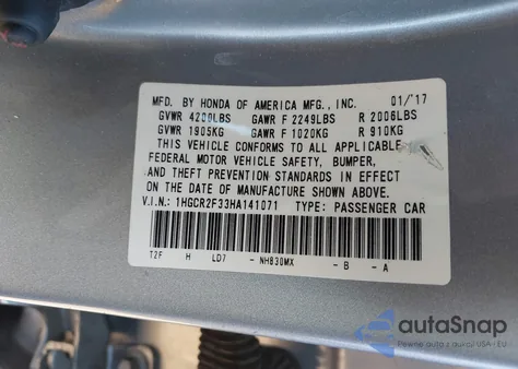 2017 Honda Accord Lx from USA, damaged, VIN 1HGCR2F33HA141071